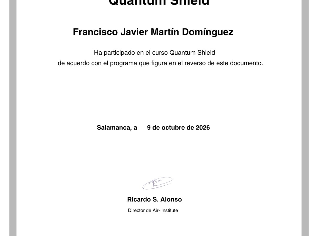 Ciberseguridad de Futuro: La Certificación Quantum Shield llega a rmj22.com para Proteger al Comercio Local y PYMES.En un entorno digital en constante evolución, la seguridad de la información y la confianza de nuestros clientes son pilares fundamentales. Hoy nos complace anunciar que en rmj22.com hemos dado un paso estratégico hacia adelante: Francisco Javier Martín Domínguez ha completado con éxito la certificación en el Curso On Line Quantum Shield (emitido con fecha 9 de octubre de 2026 y respaldado por entidades de referencia como Air-Institute, e4YOU, ICE Castilla y León y Fondos Europeos).&nbsp; Este logro reafirma nuestro compromiso inquebrantable de brindar a nuestros clientes —comercio de proximidad, autónomos y pequeñas empresas— un servicio de consultoría digital a la vanguardia tecnológica y con los más altos estándares de protección.&nbsp; ¿En qué consiste la certificación Quantum Shield?El programa formativo Quantum Shield aborda uno de los grandes retos tecnológicos de la próxima década: la transición de la ciberseguridad tradicional hacia la ciberseguridad post-cuántica (PQC).&nbsp; El temario oficial del curso profundiza en aspectos clave como:&nbsp; Odev Regev, la computación cuántica y la ciberseguridad: Análisis de los avances matemáticos y algorítmicos que transformarán los métodos de cifrado actuales.&nbsp; Del QDay a la Implementación de la PQC (Criptografía Post-Cuántica): Estrategias de preparación y migración defensiva frente a los riesgos que supondrá el momento en que los ordenadores cuánticos puedan romper los cifrados convencionales.&nbsp; ¿Por qué es clave esta certificación para la consultoría en rmj22.com?Para rmj22.com, contar con especialistas certificados en criptografía y ciberseguridad de última generación nos permite:&nbsp; Anticipación tecnológica: No solo solucionamos los problemas de hoy, sino que diseñamos arquitecturas digitales preparadas para las amenazas de mañana.&nbsp; Garantía y solvencia técnica: Respaldados por instituciones de desarrollo e innovación europea y regional, aplicamos metodologías auditadas y rigurosas.&nbsp; Integración en proyectos de digitalización: Trasladamos conceptos complejos de seguridad a soluciones prácticas en la creación de páginas web, plataformas e-commerce, posicionamiento y gestión de activos digitales.¿Qué beneficios aporta al Comercio Local y a las PYMES?Existe la falsa creencia de que la ciberseguridad avanzada o la computación cuántica son temas exclusivos de multinacionales. La realidad es que las pequeñas empresas y comercios locales son a menudo los objetivos más vulnerables ante ciberataques.&nbsp; Gracias a la integración del conocimiento Quantum Shield en nuestras soluciones, nuestros clientes se benefician de:&nbsp; Protección de Datos Sensibles y Clientes:Asegurar que los datos de pago, agendas de clientes y comunicaciones comerciales permanezcan estrictamente confidenciales y protegidos con estándares de cifrado robustos.Blindaje de Tiendas Online y Sitios Web (WordPress y E-Commerce):Implementación de políticas de seguridad, gestión de certificados y defensas activas ante posibles vulnerabilidades y filtraciones de datos.Continuidad de Negocio:Aprender a prevenir incidentes que puedan paralizar la actividad comercial o suponer pérdidas financieras y reputacionales.Confianza y Reputación de Marca:Ofrecer a los consumidores la tranquilidad de que están interactuando y comprando en una plataforma respaldada por consultores formados en las últimas tecnologías de protección.&nbsp; Mirando al Futuro Digital con SeguridadEn rmj22.com entendemos la digitalización como un camino integral donde la visibilidad, la innovación y la ciberseguridad caminan de la mano. Continuamos invirtiendo en formación especializada para ofrecer la máxima tranquilidad a los comercios y PYMES que confían en nosotros día a día.&nbsp; ¿Quieres reforzar la seguridad de tu sitio web o proyecto digital?Ponte en contacto con nosotros en rmj22.com y te ayudaremos a construir una presencia digital sólida, moderna y&nbsp;segura.